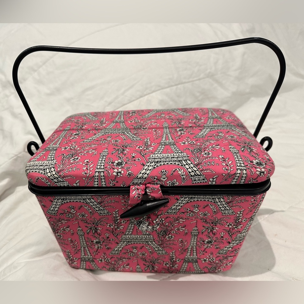 Pink Eiffel Tower Print Top-Handle Sewing Case with Tray
